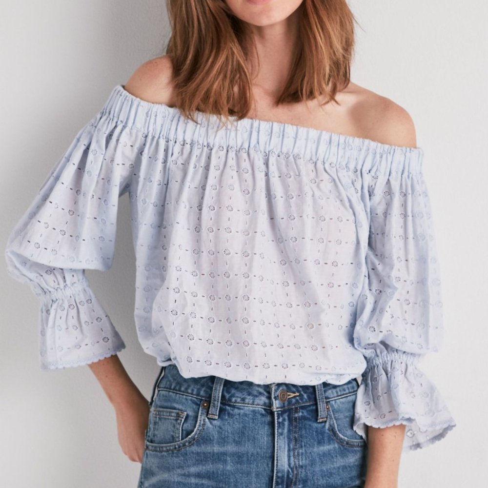 NWT Lucky Brand Eyelet Lace Off-the-Shoulder Top Light Blue Size XS 100% Cotton